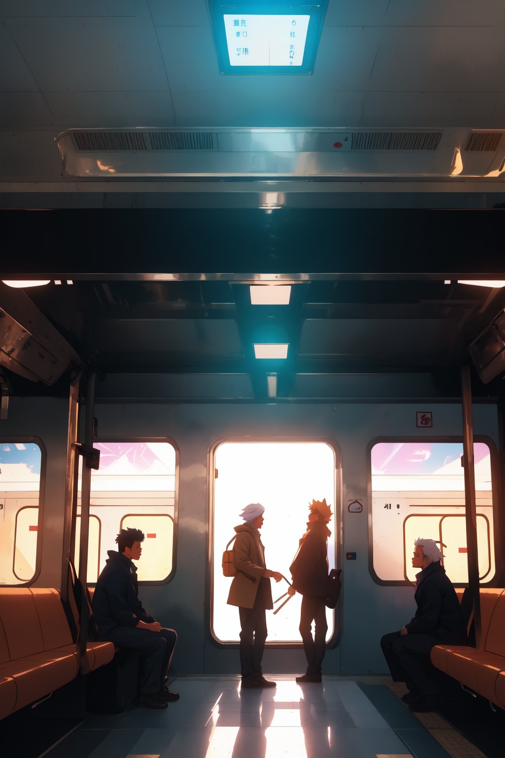 Crowded train station, busy hours, metropolitan city, 1boy in the metro station, light ray, directions, train station background, dynamic lighting, realistic, mass people, various professions, all genders, teens, adult, elders, anime style, manga style, colorfull,r1ge
