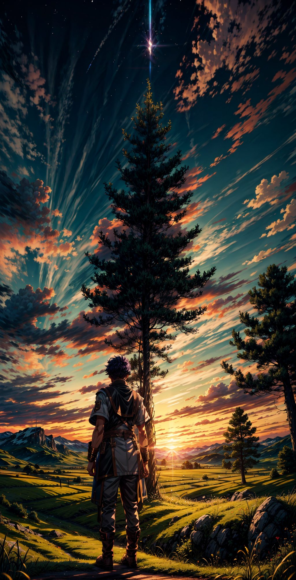 landscape, sunlight, sunset, altocumulus clouds, a dynamic action scene where a young boy casts a powerful giant spell standing on the grass, surrounded by a  folk, ultra quality, high and detailed environment, dark wizard clothes, purple short  hair, magic circles, magic trails, magic particles, glow, dinamic angle, meadow of luminous mushrooms, mystical atmosphere, summoned beings,