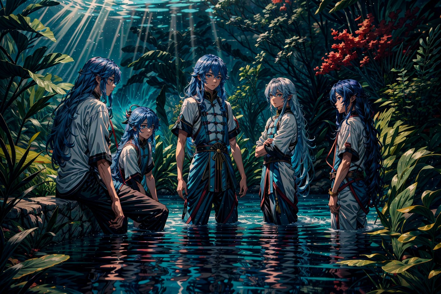 A group of young male chinese mermaid are depicted in anime style, with beautiful big aqua ear fin, fins on limbs, long mermaid tail, blue eys, blue long hair, red curly long hair, silver long hair, swimming under the ocean, ocean background, perfecteyes