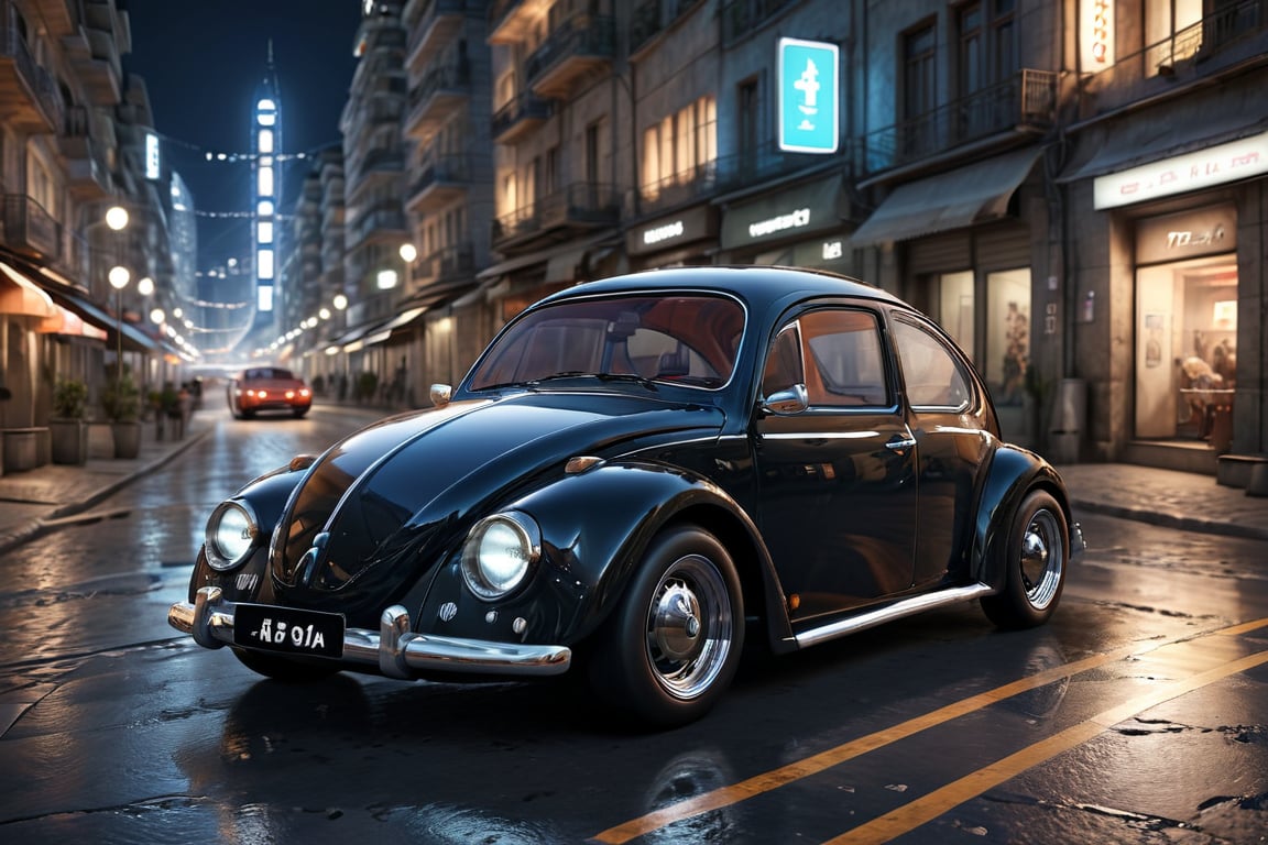 fusqu1n4 car, in A futuristic cityscape at night, with lights. The image should be highly detailed, ultra-high resolution, and capture the dynamic, vibrant atmosphere of the city. The lighting should be dramatic, with reflections and strong contrasts