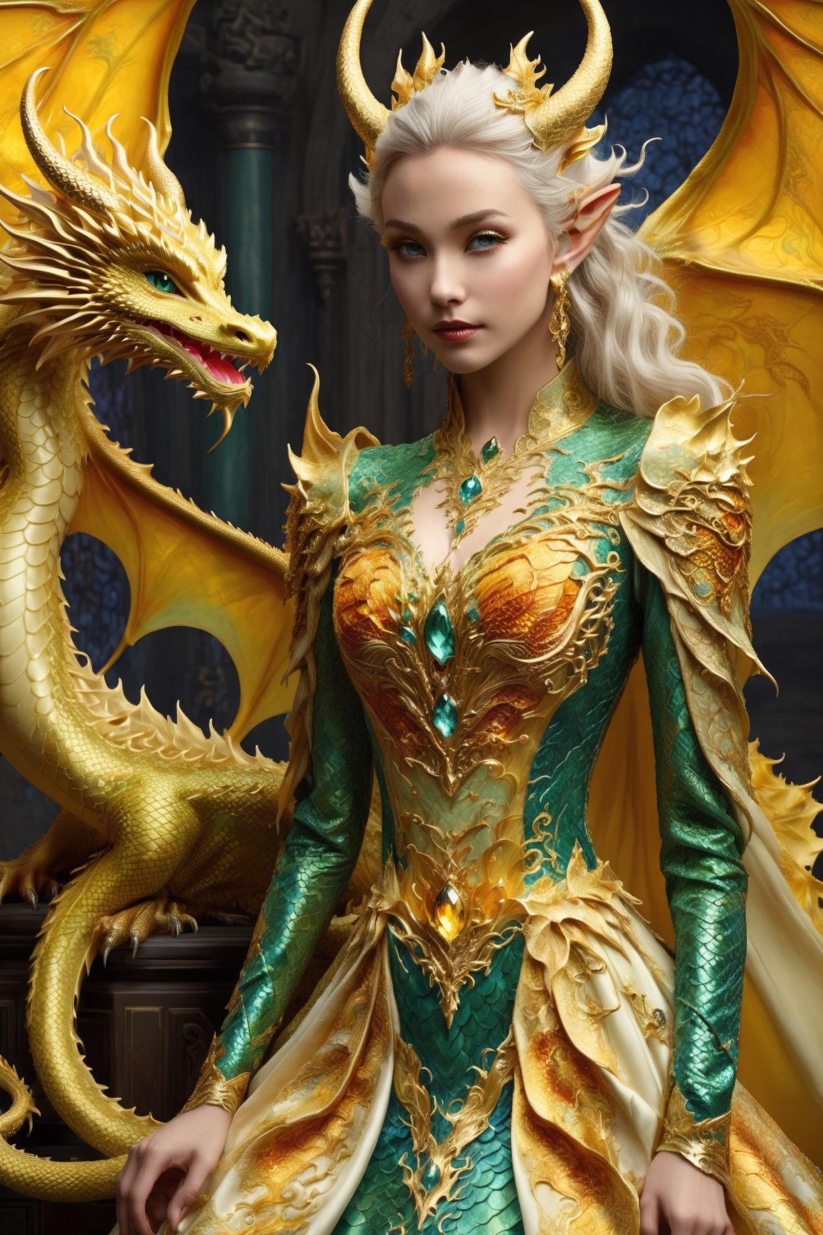 alabaster skin, mystical being, born of the union between a golden dragon and an elf girl,elf ears,Dragon inspired dress,extraordinary creature exhibits both draconic and elven features, blending the elegance of the elves with the majestic presence of dragons, Its scales might shimmer with ethereal colors, and its pointed ears,,DonM3lv3sXL,Disney pixar style,golden dragon