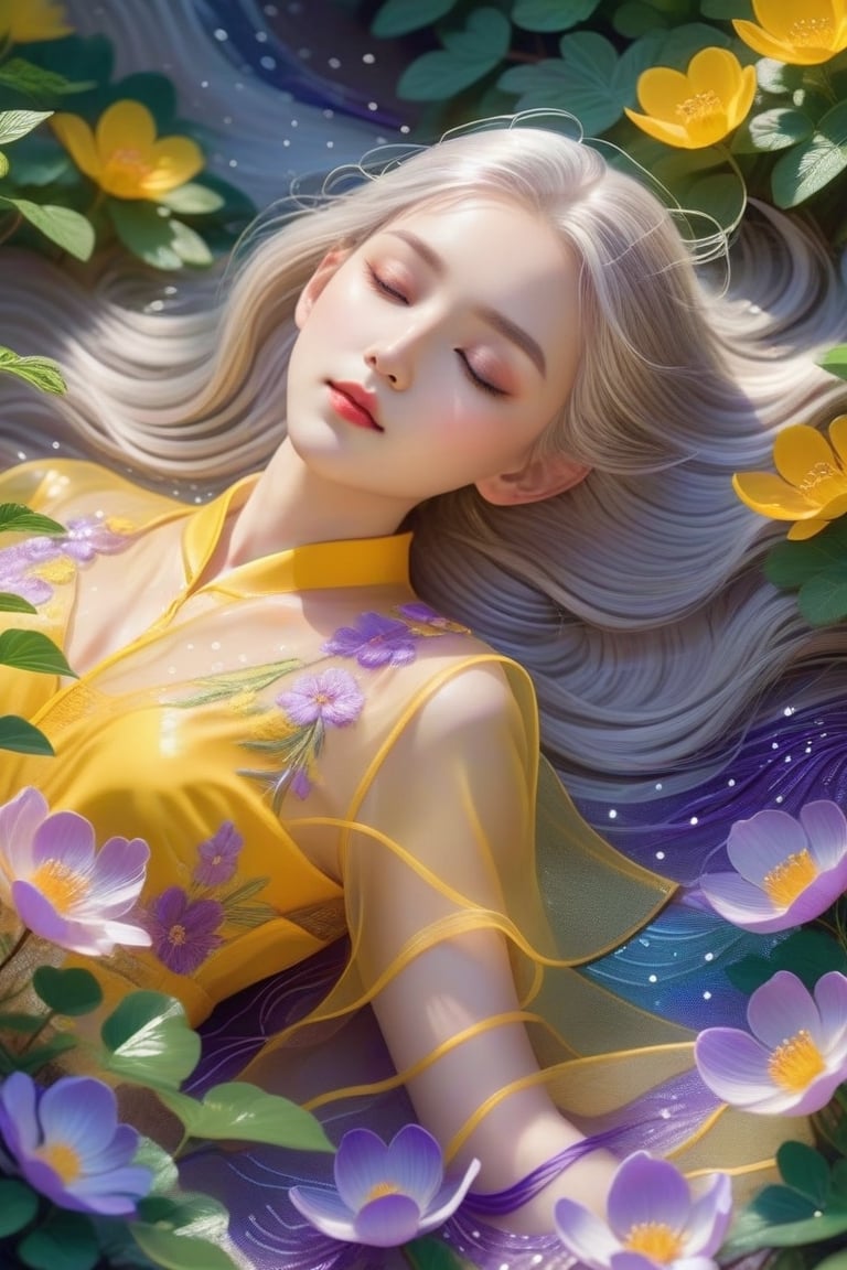 1 girl, upper body close-up, white hair, flowing hair, hazy beauty, extremely beautiful facial features, yellow embroidered dress, hair clip on the head, lying in the bushes, purple flowers, (spring, rainy days, terraces, mountains), simple vector art, contemporary Chinese art, soft light, layered form, seen from above,minimalist hologram