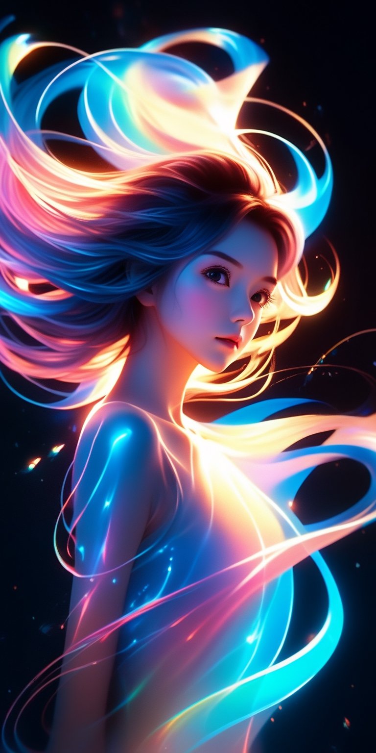 1girl, Airbrushing (Beautiful mystical allure) long swirling hair, smart, environment, Using airbrushing for art, often for smooth gradients, spray effects, or automotive art,1 girl,anime,minimalist hologram,glow