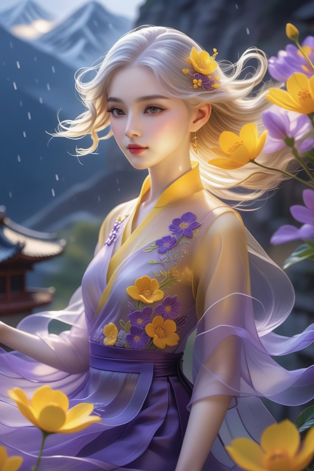 1 girl, upper body close-up, white hair, flowing hair, hazy beauty, extremely beautiful facial features, yellow embroidered dress, hair clip on the head, purple flowers, (spring, rainy days, terraces, mountains), simple vector art, contemporary Chinese art, soft light, layered form, seen from above,minimalist hologram,glow