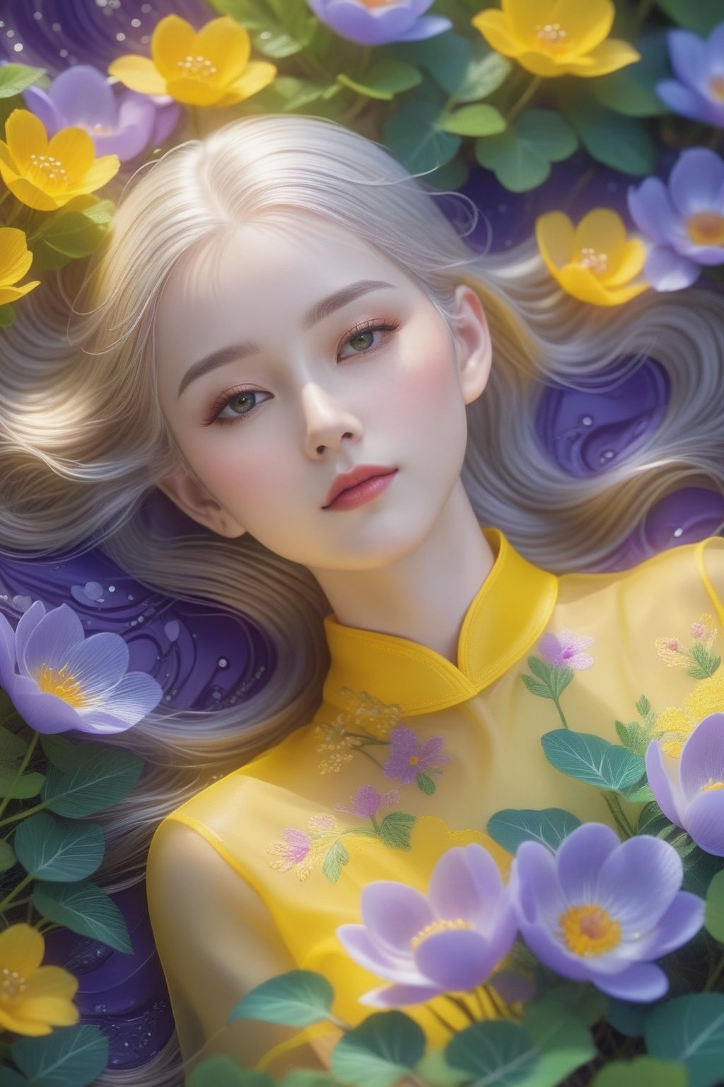 1 girl, upper body close-up, white hair, flowing hair, hazy beauty, extremely beautiful facial features, yellow embroidered dress, hair clip on the head, lying in the bushes, purple flowers, (spring, rainy days, terraces, mountains), simple vector art, contemporary Chinese art, soft light, layered form, seen from above,minimalist hologram,glow