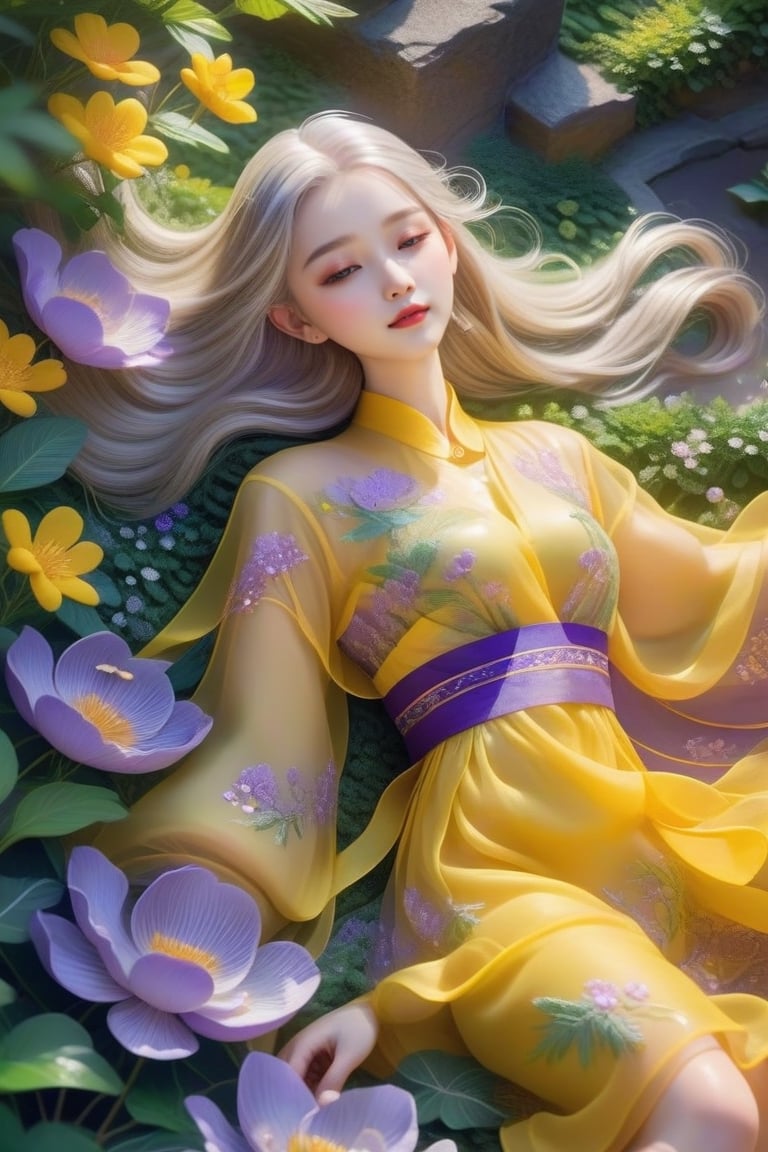 1 girl, upper body close-up, white hair, flowing hair, hazy beauty, extremely beautiful facial features, yellow embroidered dress, hair clip on the head, lying in the bushes, purple flowers, (spring, rainy days, terraces, mountains), simple vector art, contemporary Chinese art, soft light, layered form, seen from above,minimalist hologram