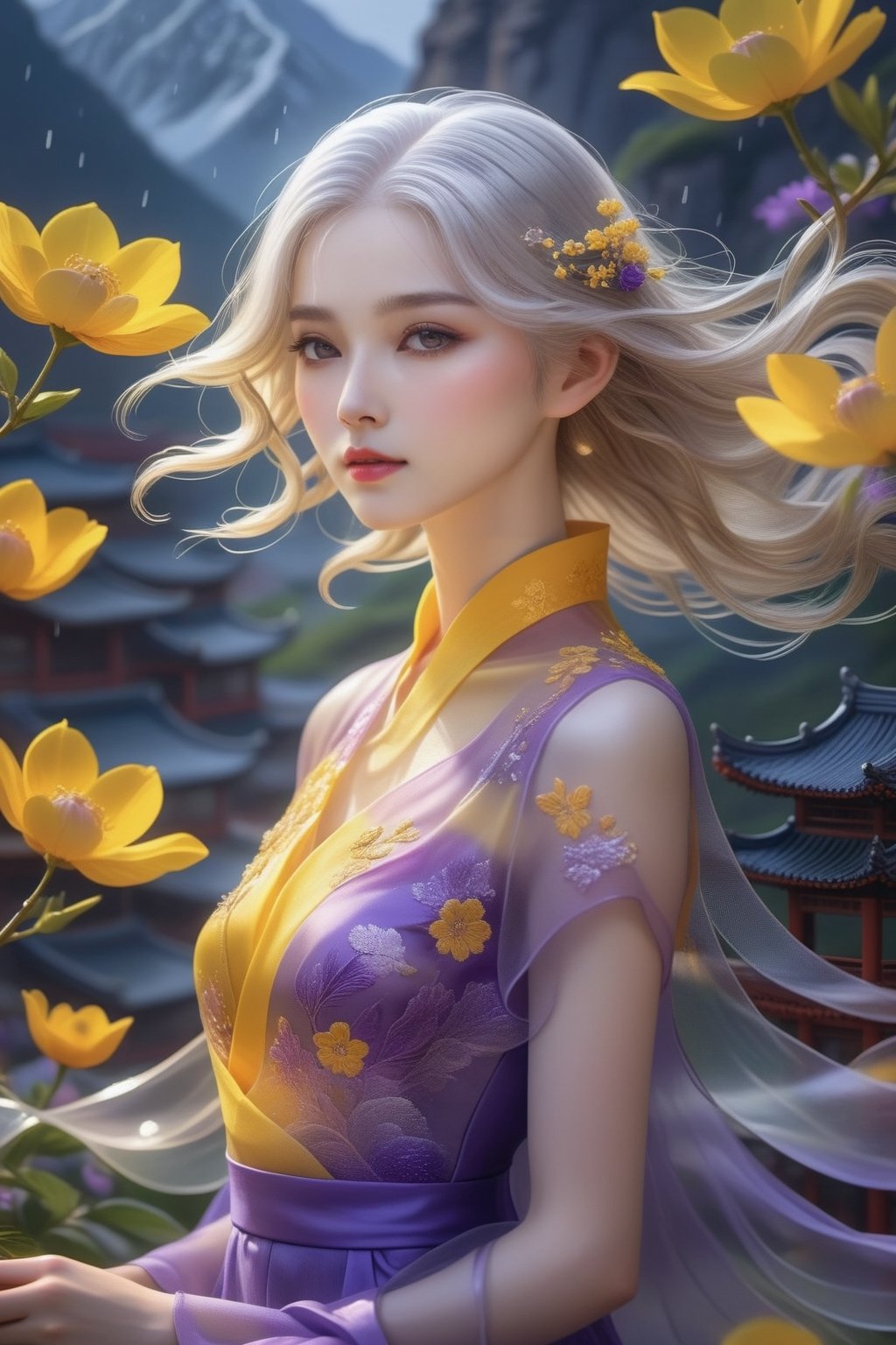 1 girl, upper body close-up, white hair, flowing hair, hazy beauty, extremely beautiful facial features, yellow embroidered dress, hair clip on the head, purple flowers, (spring, rainy days, terraces, mountains), simple vector art, contemporary Chinese art, soft light, layered form, seen from above,minimalist hologram,glow