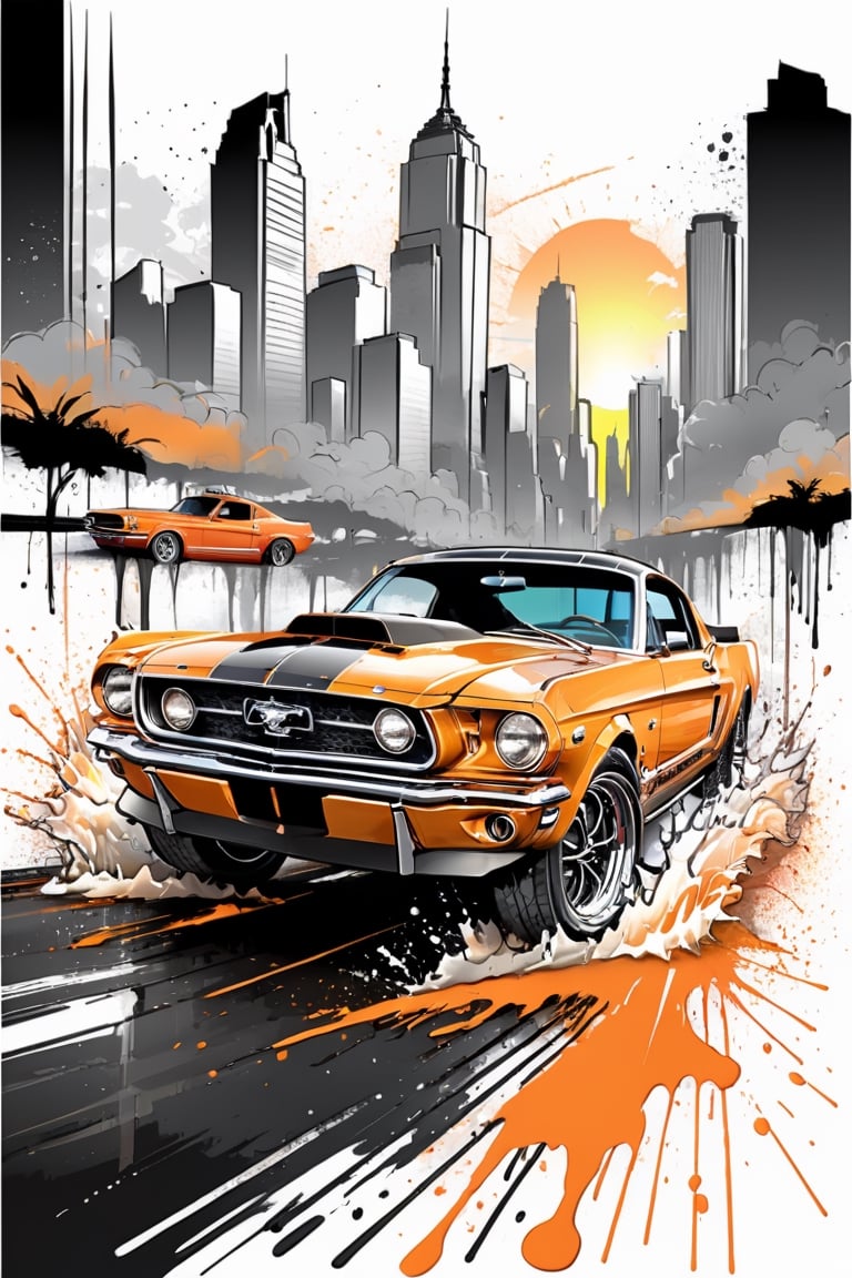 bits of color, hand drawn, realistic sketch, Rough sketch, splash art, dripping ink, bold lines, Artwork of T-shirt design, ford mustang sport car, highway, skyscrapers, sunrise, flat illustration, vibrant vector, vector image, vintage drawing, white background, 8k
