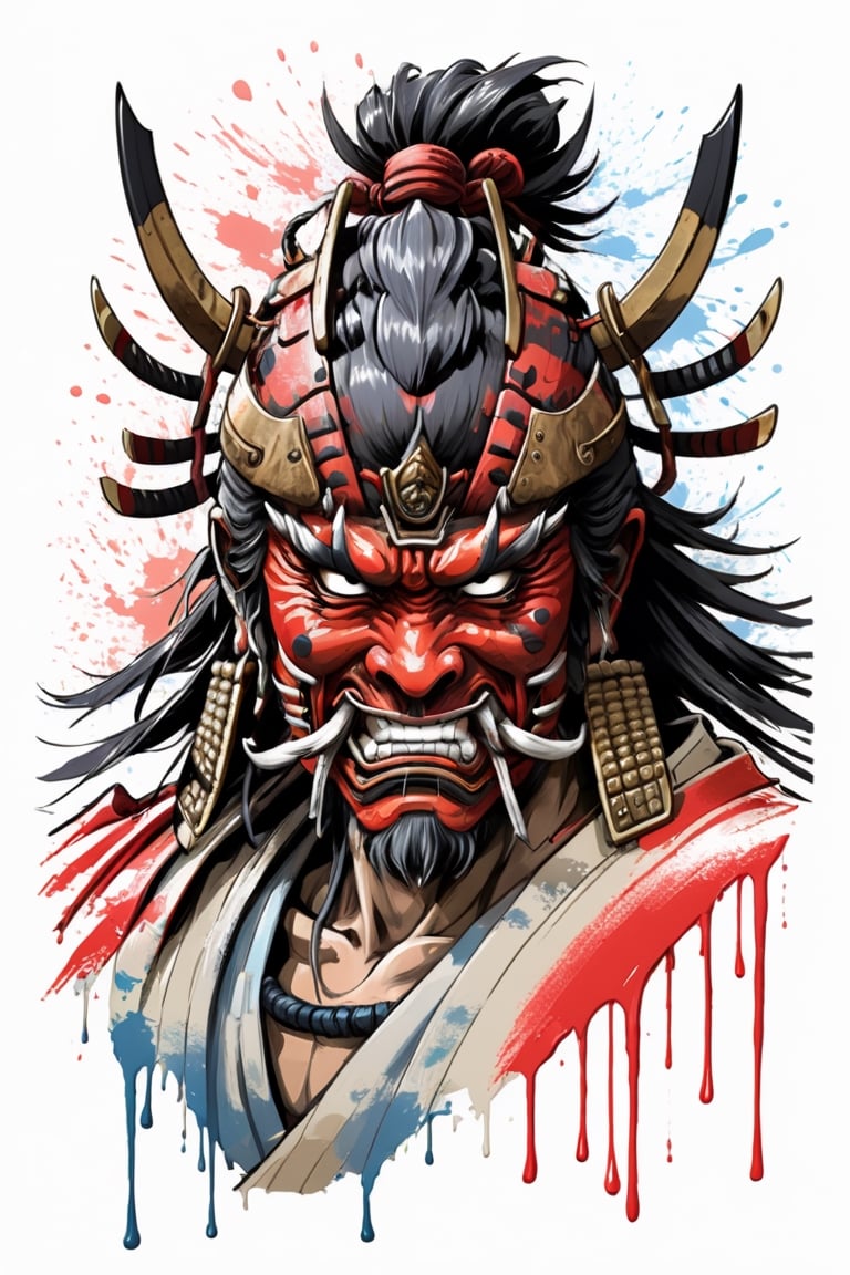 bits of color, hand drawn, realistic sketch, Rough sketch, splash art, dripping ink, bold lines, Artwork of T-shirt design, close-up portrait of an ancient samurai oni, wear battle mask, japan old flag, in a perfect circle shape, flat illustration, vibrant vector, vector image, vintage drawing, white background, 8k