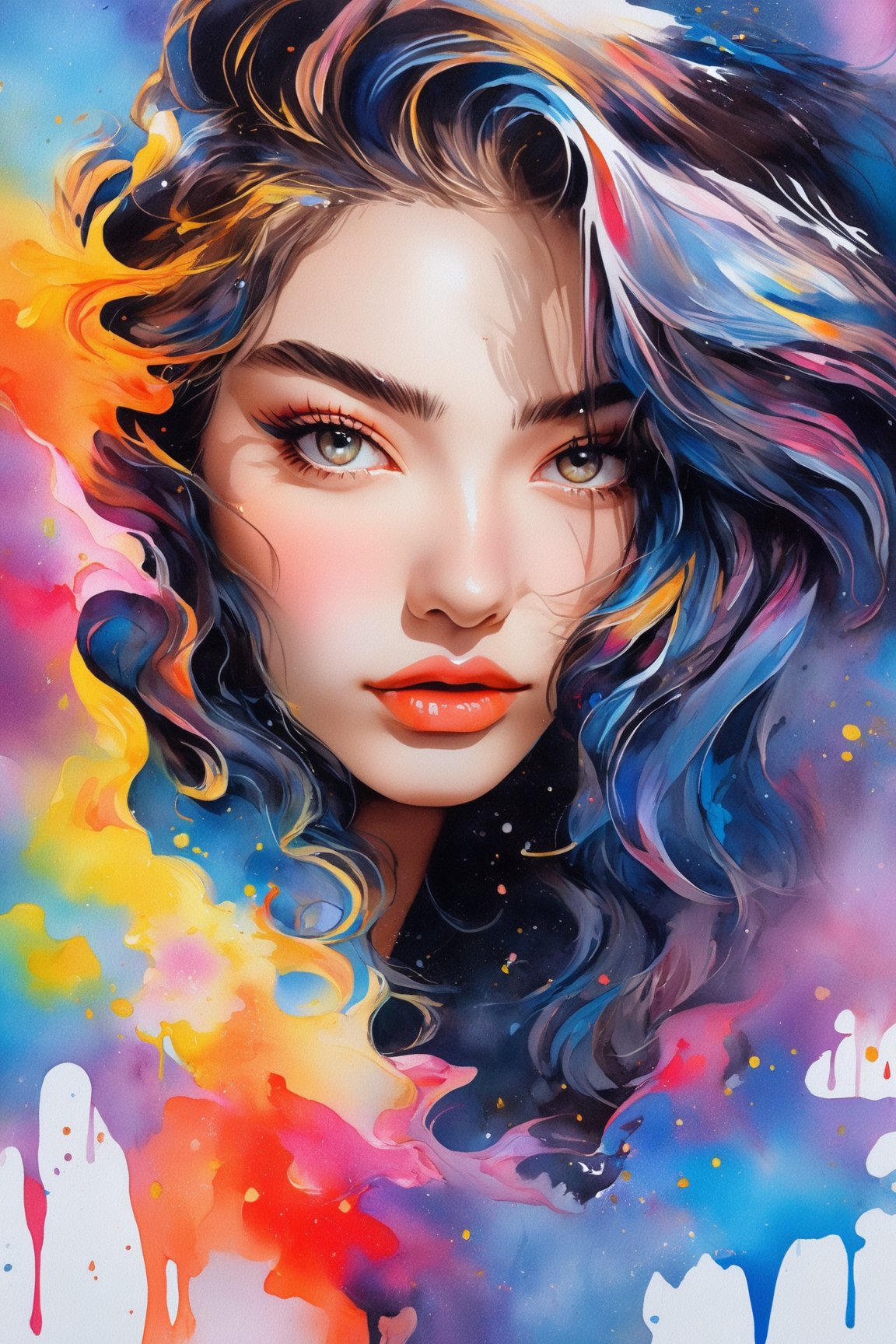 Colorful beautiful woman, a woman 18-years old, multiple color messy hair, watercolor, nice perfect face, multiple colors, intricate detail, splash screen, 8k resolution, masterpiece, cute face,art station digital painting smooth veryBlack ink flow, 8k resolution photorealistic masterpiece, intricately detailed fluid gouache painting, calligraphy, acrylic, watercolor art, professional photography, natural lighting, volumetric lighting maximalist, complex, elegant, expansive, fantastical,dfdd,Xxmix_Catecat,dripping paint,Leonardo Style
