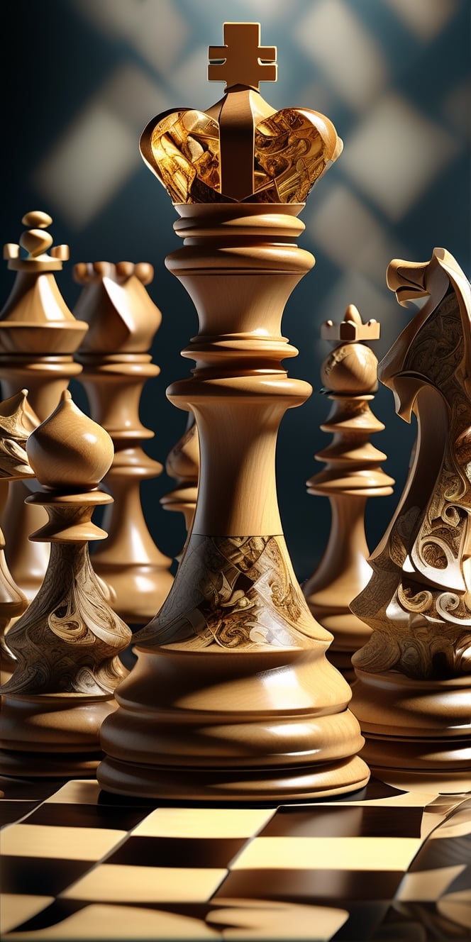 Professional Photo of a chessboard with intricate ornate chess pieces, glowing fractal elements, hyperdetailed components, sharp focus on a chess piece, beauty,  UHD,  35mm digital photograph 