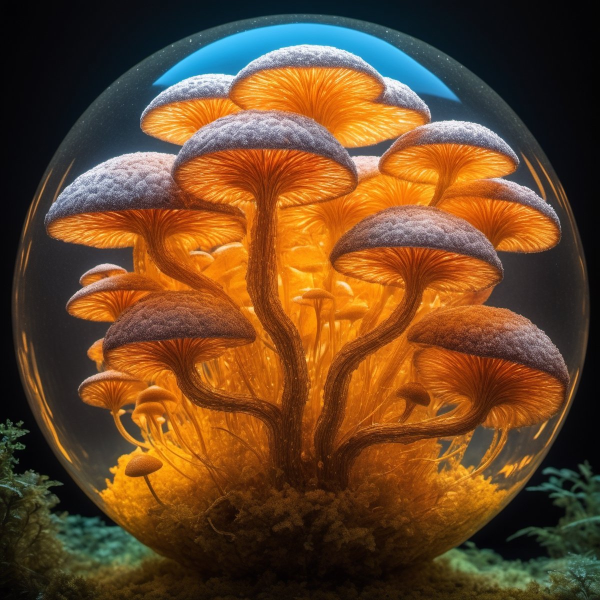 (masterpiece, best quality:1.33), Rising above, see-through, radiant, three-dimensional, imposing, powerful, majestic, a glowing fungal sphere, a surreal, abstract, chemically-created artwork filled with bio-luminescent elements