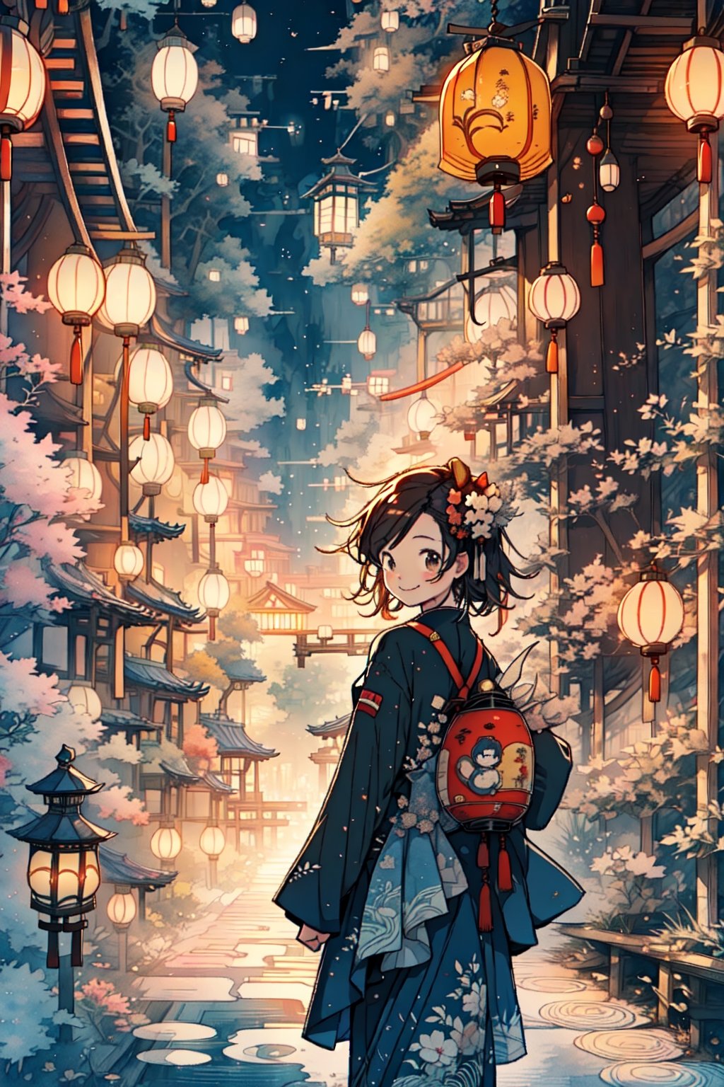 1girl, smile, big lantern in hand, Chinese dress, walking toward viewers, Chinese-style background, red lanterns, by Hayao Miyazaki, studio Ghibli, scenery, Illustration, Character Design, Watercolor, Ink, thematic background, japan, ambient enviroment, epic, candystyle