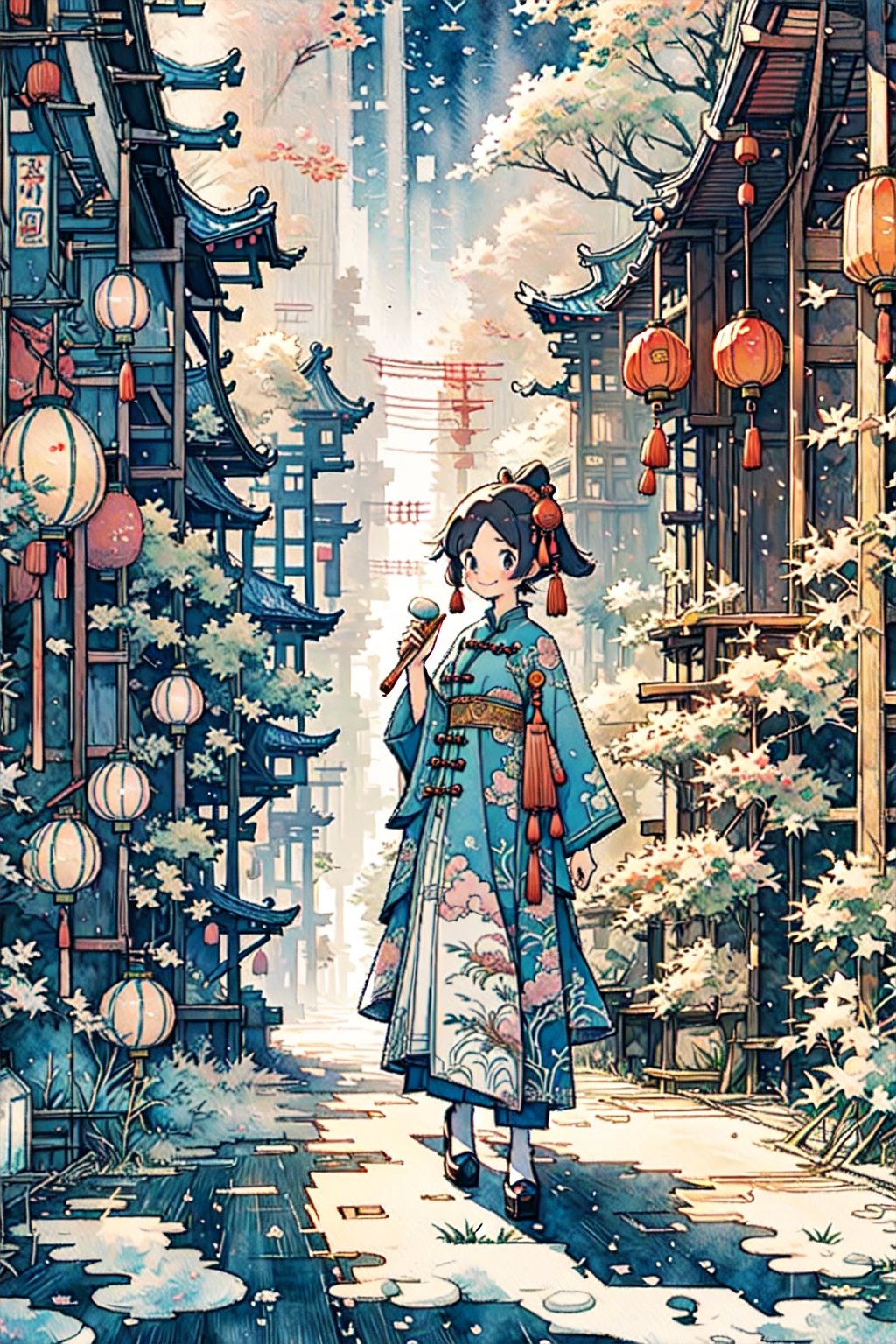 1girl, smile, big latern in hand, Chinese dress, walking toward viewers, Chinese-style background, red laterns, by Hayao Miyazaki, studio Ghibli, scenery, Illustration, Character Design, Watercolor, Ink, thematic background, China, ambient enviroment, epic, candystyle