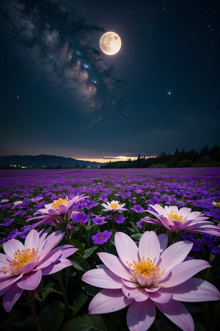 A majestic, velvety purple flower blooms beneath the radiant glow of a full moon, its delicate petals illuminated by the soft, lunar light. The surrounding open field stretches out in a serene, photorealistic expanse, with the distant landscape fading into a gentle haze. The camera captures this breathtaking scene from a far-away perspective, emphasizing the flower's solitary beauty against the vast, starry night sky.