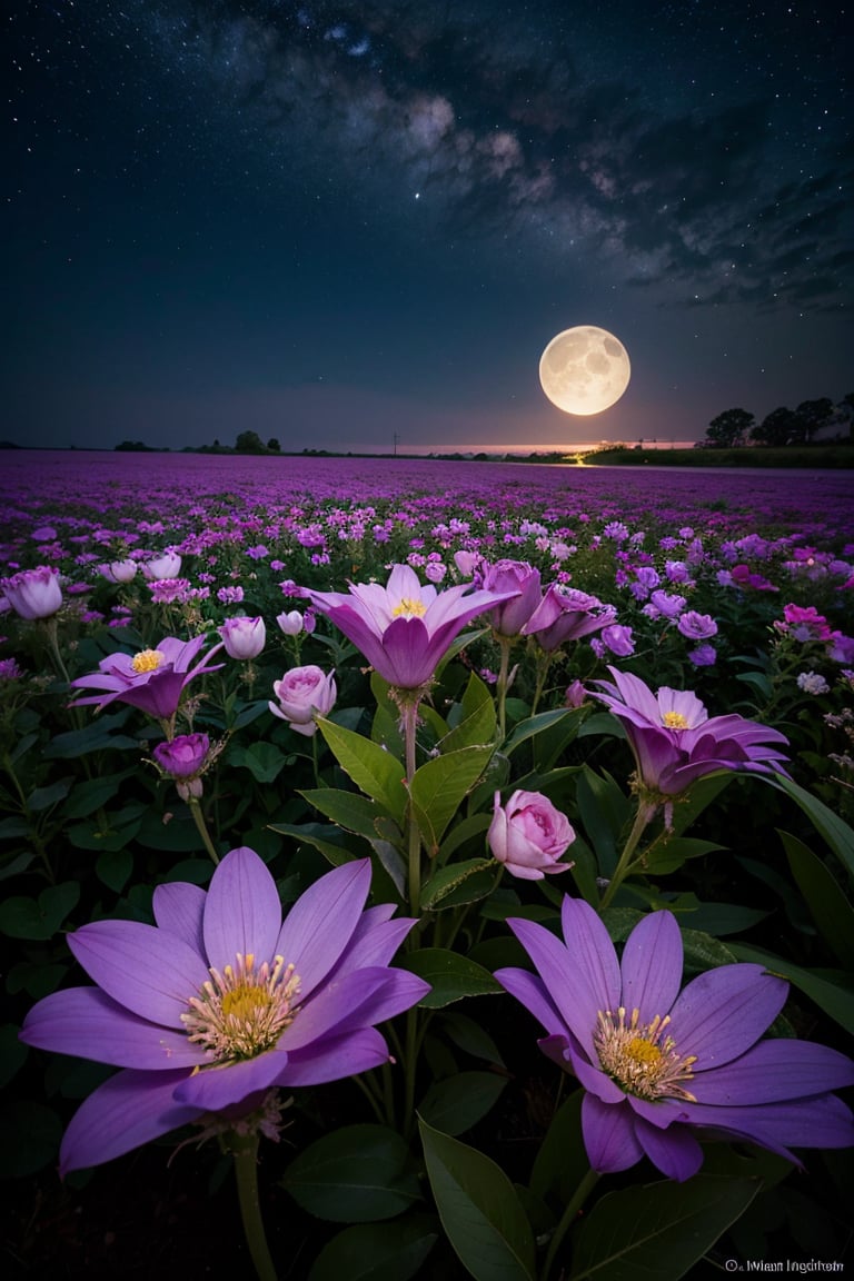A majestic, velvety purple flower blooms beneath the radiant glow of a full moon, its delicate petals illuminated by the soft, lunar light. The surrounding open field stretches out in a serene, photorealistic expanse, with the distant landscape fading into a gentle haze. The camera captures this breathtaking scene from a far-away perspective, emphasizing the flower's solitary beauty against the vast, starry night sky.