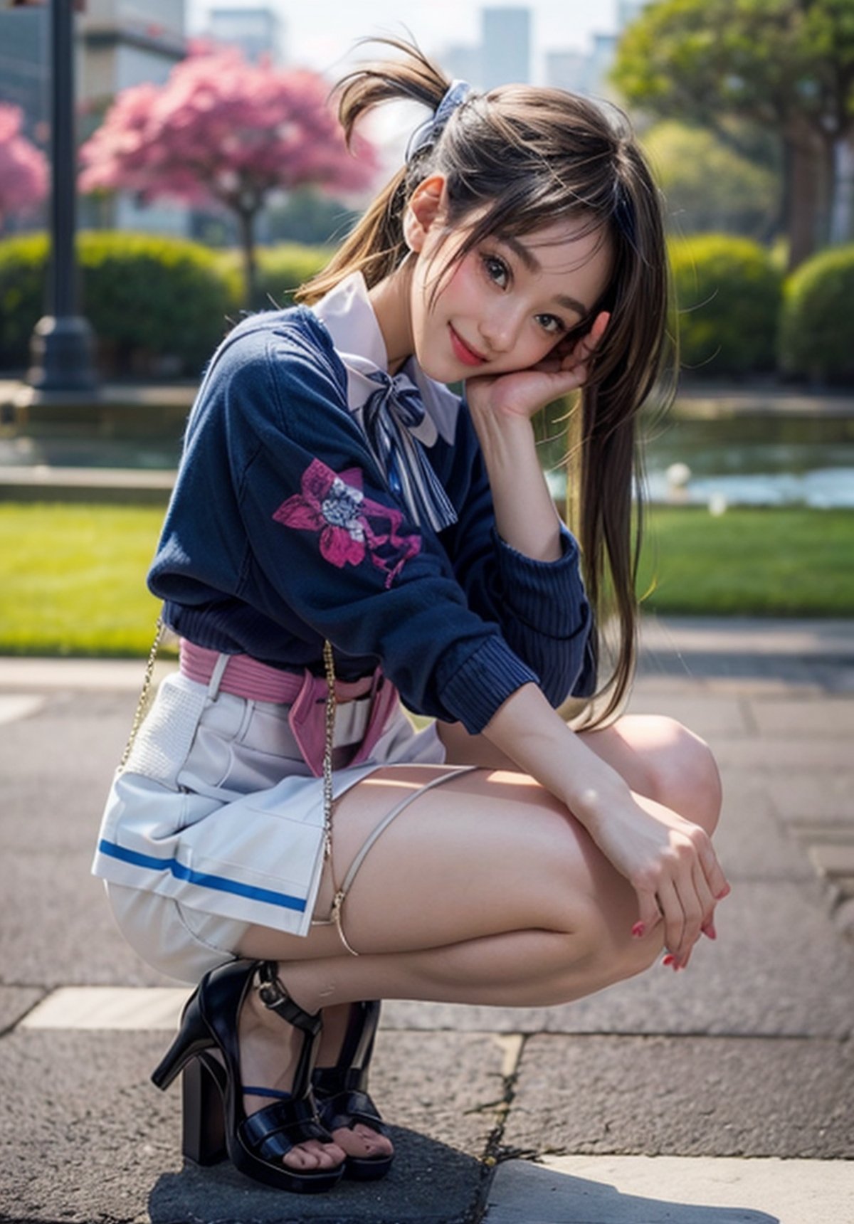  girl sitting on the ground with her hand on her face, cute girl, beautiful girl squatting, prettygirl, cute girl, attractive girl, beautiful high school girl, full body illustration, a girl, cute waifu, ((white miniskirt)), White short skirt, dark blouse, long_hair, cute white and blue handbag, pink belt accessory, handbag, dark high heels, smiling to the camera, white_earrings, Japanese park, background, Japanese garden background.,