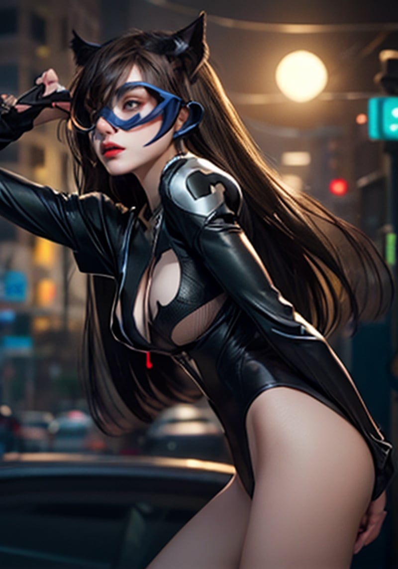 batman catwoman by the - girl - who - is - a - catwoman, cat girl, catgirlmarin kitagawa fanart, portrait of a female anime hero, anime woman fullbody art, 
Background Gotham City,Batman Catwoman in a black suit stands in the middle of the city, Extremely detailed Artgerm, Catwoman, Catwoman, Style Artgerm, wojtek fus, IG model | Art germ,（realisticlying：1.2）,（hentail realism）,（tmasterpiece：1.2）,（best qualtiy）,（Hyper-detailing）,（8K,4K,复杂）,（full body shot shot：1）,（85mm）,Particle light,illuminating,（high detal：1.2）,（Detailed face：1.2）,largeeyes,beautiful goddess woman,putting makeup on,s the perfect face,Perfect lighting,1girll,DC Super Hero Movie,Catwoman in Batman,neko girl,brunette color hair,（Catwoman Selina Kyle）,long dark brown detailed hair,（Hands stretch out sharp claws）,Death glow,Serious look, cat paws,Hand with long claws outstretched,The whole body is wrapped in a vinyl,tight leather clothes,Sexy set,（Openwork onesies）,high-heels,Thin waist and thick hips,long leges,medium boob,（Glowing skin）,Glowing skin,The wind blows to the top,White aura of power,light brown pupills,Gravel background,Broken ground,Full moon in downtown Gotham,（finelydetailedskin：1.3）,cinematric light,edge lit,超高分辨率,Best shadow,delicated,octanerender,unreal-engine,Stroll through the high-rise buildings of Gotham