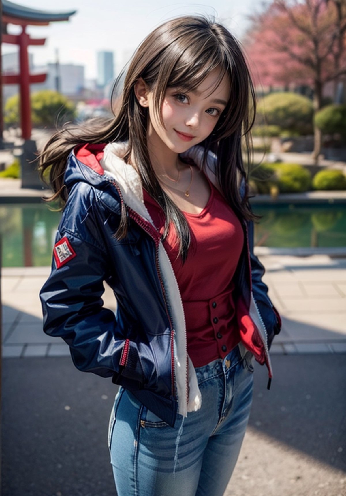 black top, ((red jacket)), white fur in hood, upper waist blue jeans, upper belly blue jeans, girl in a red dark jacket with white furr in hood, light brown eyes, little smile, watching to the camera, upper angle view, tilt angle camera view, blush face, hands in pocket, shiny neck accessories, upper waist jeans with a black top, attractive girl, female character, (1 girl), fashion artstyle, young girl, beautiful girl, seductive  girl, best girl,
 Japanese park, background, Japanese garden background.,4k, add_detail:1