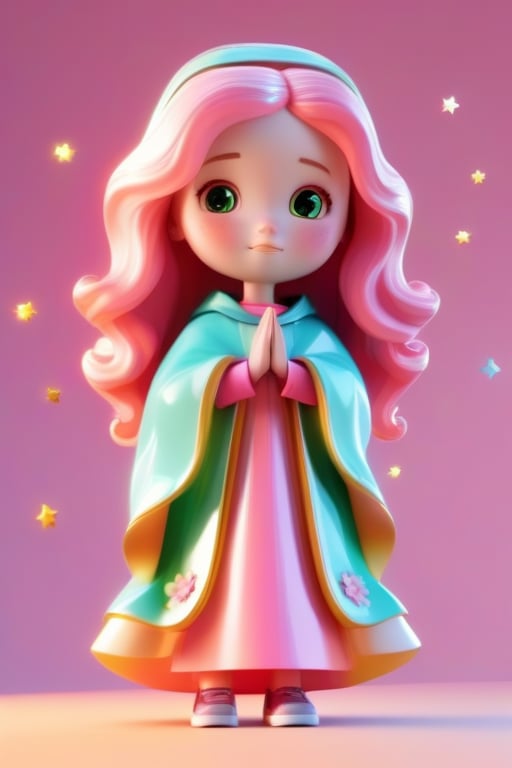 Virgen de Guadalupe, chibi girl,  hands together in prayer,  ((brown eyes)),  long green heavy tunic from head to feet with embedded little golden shiny stars, pink robe with pink embroidery floral texture, golden Solar flares behind her, Detailed plastic material, best quality, (very detailed model), (best quality), octane rendering, ray tracing, very detailed, 3D toy, exaggerated giant hair, little art(full body ) (3D hair,  ((kids)), beautiful eyes, cute big eyes, cute face, pastel colors gradient, chibi, chib, fluorescent translucent, colorful, plastic, children, transparent, product design, glowing materials, light from behind, delicate cute plastic, aesthetic light and shadow 3d, digital art, translucent plastic bubblegum, close-up, 3d, super detailed, generate front view, side view, rear view triple view, borderless, c4d, Octane rendering, Blender, HD, full body, smile, t-shirt design,  glossy, caustic reflections 