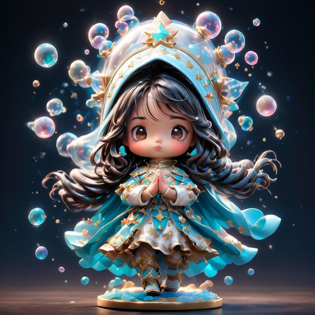 Virgen de Guadalupe, chibi girl, black and long hair, brown eyes, sweet expression, white tunic, blue cloak with golden stars, hands together in prayer, transparent plastic, Mexican colors, bubble gum effect, light shine, 3D toy design, triple view without borders, by Tvera and wlop and artgerm, alberto seveso and geo2099 style
,jennierubyjenes,DonMF43XL,chibi,flat design