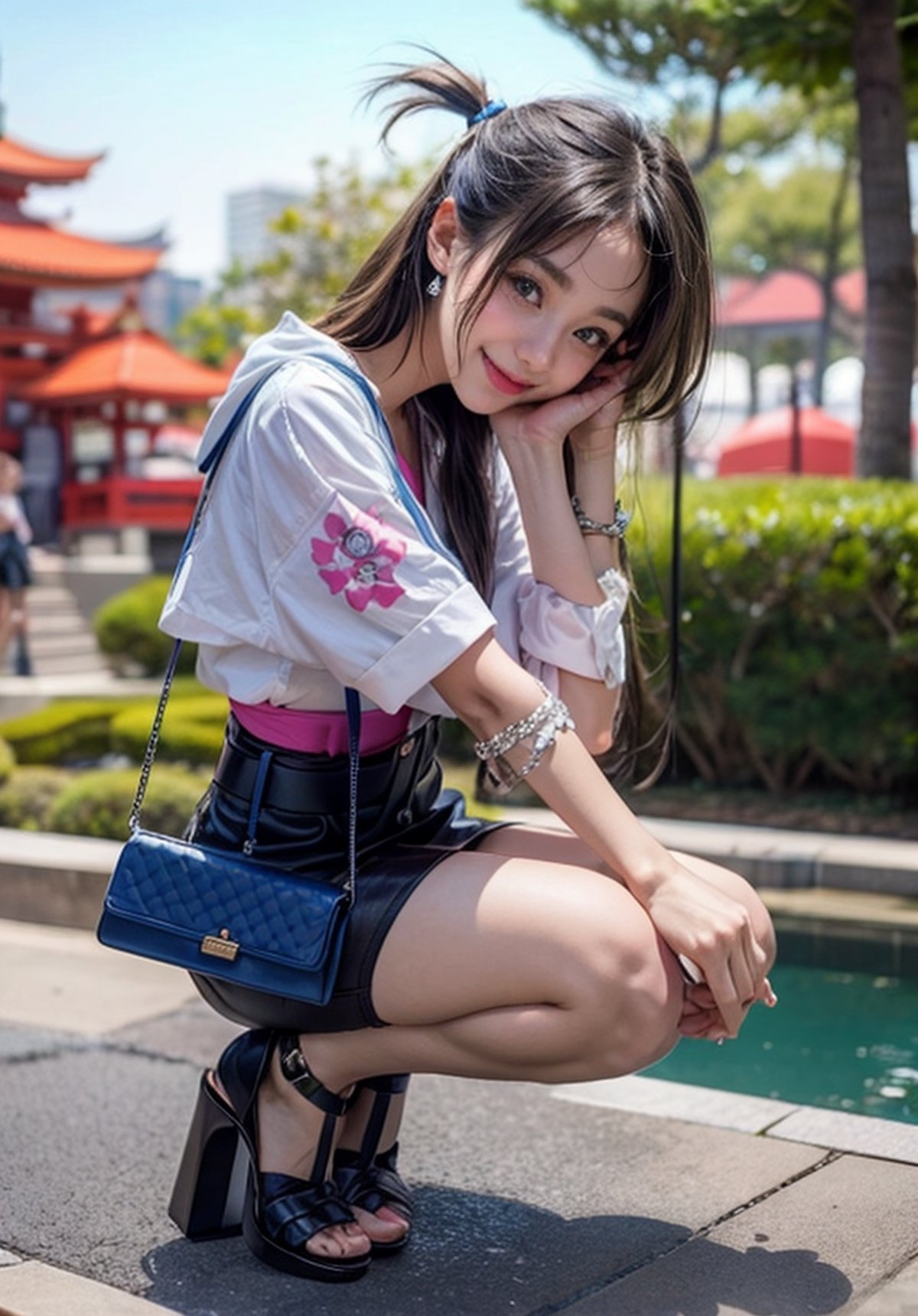  girl sitting on the ground with her hand on her face, cute girl, beautiful girl squatting, prettygirl, cute girl, attractive girl, beautiful high school girl, full body illustration, a girl, cute waifu, ((white miniskirt)), White short skirt, dark blouse, long_hair, cute white and blue handbag, pink belt accessory, handbag, dark high heels, smiling to the camera, white_earrings, Japanese park, background, Japanese garden background.,