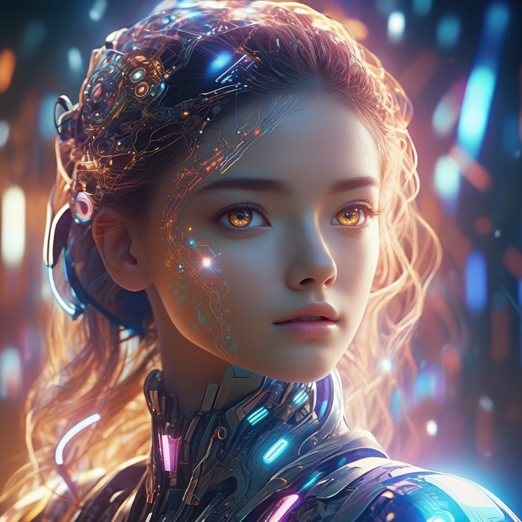 Dappled Light, photo portrait of a character, (Ultra realistic, High quality, Intricate, awesome ultra high resolution movie scene), ((Colorful, Ultra detailed female Artificial intelligence)),, colorful, realistic eyes, dreamy magical atmosphere, (skin texture), (film grain), (warm hue, warm tone),  cinematic light, side lighting,