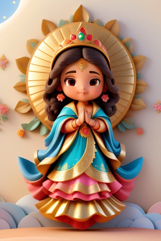 Virgen de Guadalupe, chibi girl,  hands together in prayer,3d figure,3d style, #graphic_art(“an oval-shaped image with a gold border that has a wave design. The background is solid gold, with no details. In the center of the image there is a female figure standing on a silver crescent moon. The crescent moon has a white cherub below, who looks up and holds the crescent moon with his hands. The female figure has brown skin and black hair, which falls over her shoulders. Her face is blurred and her facial features are not distinguished. The female figure wears a pink dress with gold floral motifs. The dress has long sleeves and a high collar. The dress reaches her feet, which are bare and partially seen over the crescent moon. Over the dress, the female figure wears a blue cloak with gold five-pointed stars. The cloak covers her head and shoulders, and falls on both sides to the ground. The cloak has a gold border with a design of flowers and leaves. Around the head of the female figure there are twelve gold rays that form a kind of crown or halo. The rays are straight and have the same length.”)