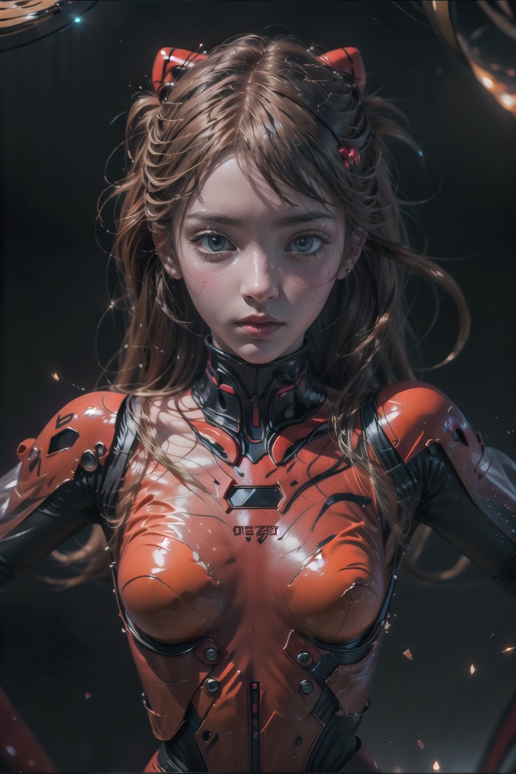 Asuka langley, asuka, neon genesis evangelion, red vinil suit, (masterpiece), best quality, high resolution, highly detailed, detailed background, perfect lighting, 1girl,  exoskeleton suit,souryuuasukalangley,perfecteyes,High detailed 