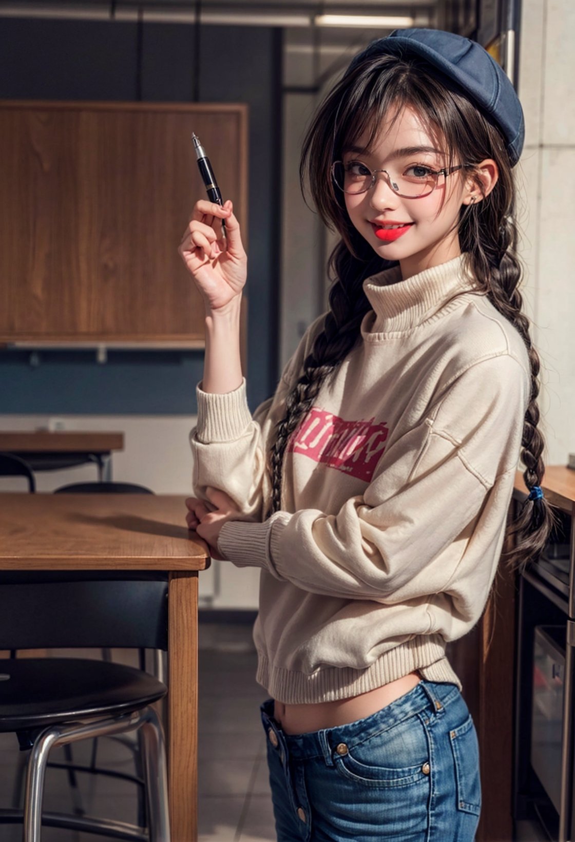 girl with glasses and a hat holding a small fountain pen, !!wearing glasses!!, young beautiful girl, dark brown hair, shining brown eyes, black sweter, white shirt with blue stripes sliding out from the bottom of the sweater to the jeans, sexy pose, soft skin, blushing, thin lips, ((tongue out)), glossy lips, seductive smile, perfect hands, large hair, two braiding hair falling back, full body portrait, high quality photo of a cute girl, cute girl, art and drawing class room background with art props, add_detail:0.4, a photo portrait of zzenny_n, zzenny_n-15:0.9, inside art classroom, dust bokeh particles, vivid colors, twin braids, eye reflection, sparkling eyes, pupils sparkling, seductive smile, tongue, super detail, high quality, highres