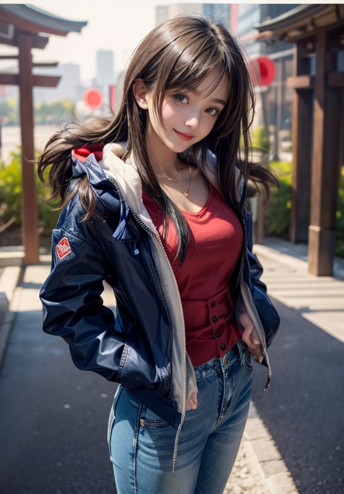 red jacket with white fur in hood, upper waist blue jeans, upper belly blue jeans, girl in a red dark jacket with white furr in hood, light brown eyes, little smile, watching to the camera, upper angle view, tilt angle camera view, blush face, hands in pocket, shiny neck accessories, upper waist jeans with a black top, attractive girl, female character, (1 girl), fashion artstyle, young girl, beautiful girl, seductive  girl, best girl,
 Japanese park, background, Japanese garden background.,4k, add_detail:1