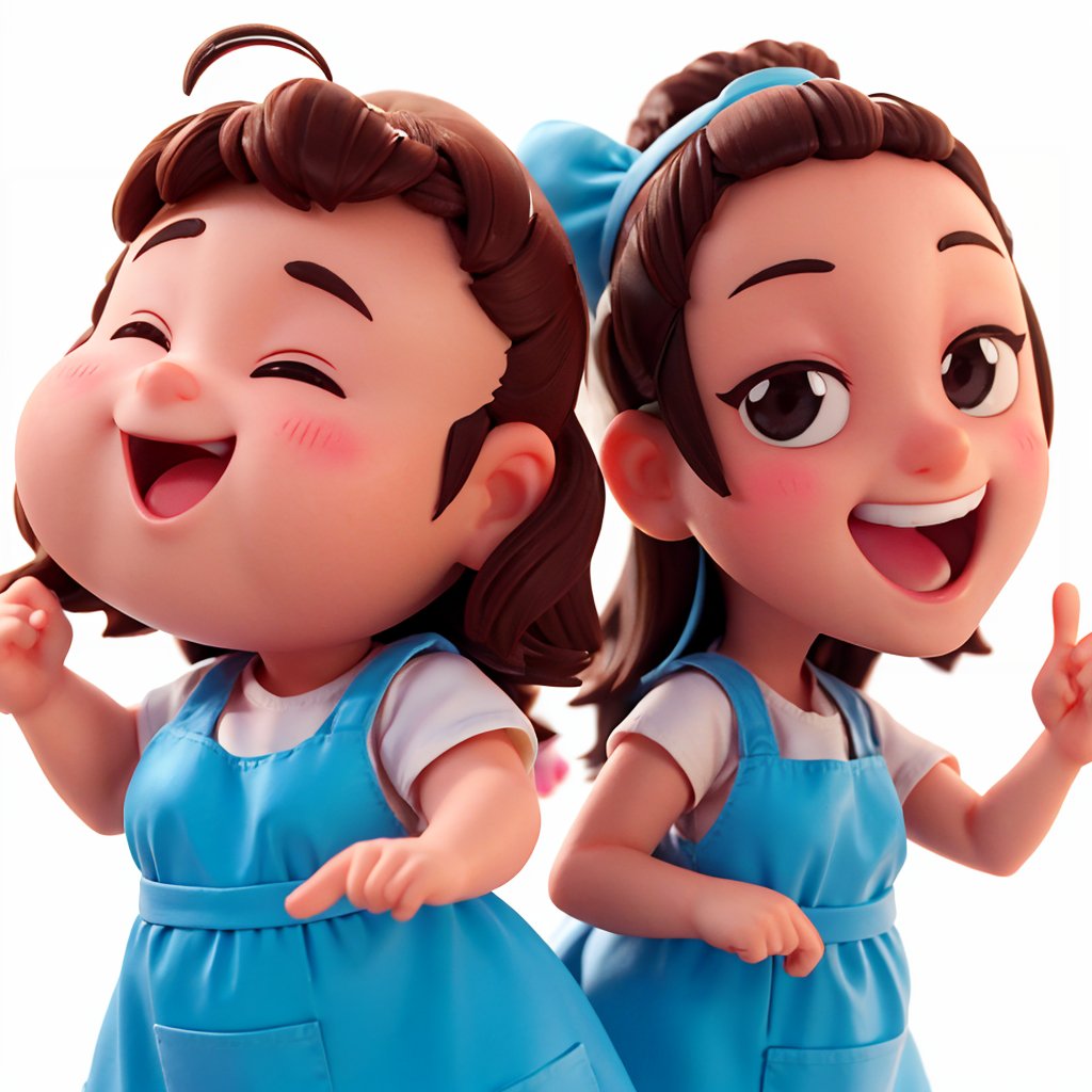 2 girls, Cute chubby girl and slim girl, chef logo, Smile and cute pose ,chef, cute style, tiny, Head large, dark brown hair, white apron, 3d rendered, Cute style, Pokemon Style, cinematic texture, shame, pokemon, movie light, Brilliant lightning, salama, cool, clean white background, Ray tracing, Premium Colors, upper body 3D models,  fashion blind box toys. (full body:1.2), chibi, small eyes, Mexican colors