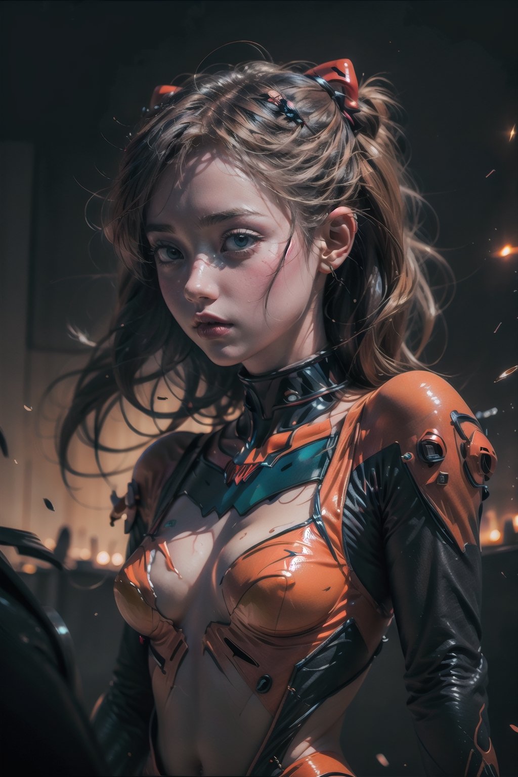 Asuka langley, asuka, neon genesis evangelion, red vinil suit, (masterpiece), best quality, high resolution, highly detailed, detailed background, perfect lighting, 1girl,  exoskeleton suit,souryuuasukalangley,perfecteyes,High detailed 