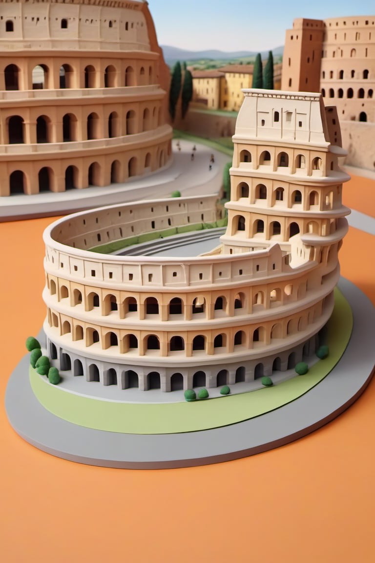 The Colosseum in Rome in a realistic model made entirely of plasticine, minimal architectural details very meticulously detailed, very realistic material texture, perfect shadow projection, perfect light effects and contrast, realism pushed to the extreme, perfect intrinsic details, different tones of material achieving unparalleled harmony and realism, masterpiece, divine, cinematic, ultrarealistic, hyperrealistic,play-doh style,sculpture, clay art, centered composition, Claymation,claymation,detailed background leaving room for the central image,sharp focus,Building,photorealistic,House