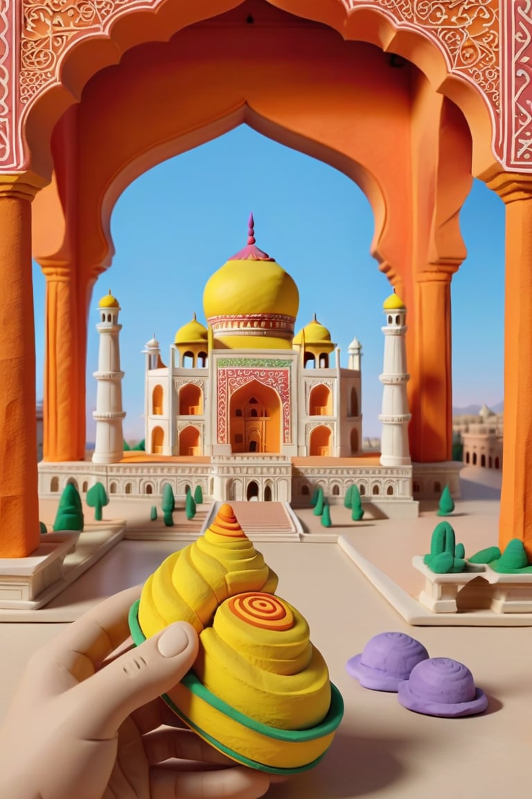 Taj Mahal in a realistic model made entirely of plasticine, minimal architectural details very meticulously detailed, very realistic material texture, perfect shadow projection, perfect light effects and contrast, realism pushed to the extreme, perfect intrinsic details, different tones of material achieving unparalleled harmony and realism, masterpiece, divine, cinematic, ultrarealistic, hyperrealistic,play-doh style,sculpture, clay art, centered composition, Claymation,claymation,detailed background leaving room for the central image,sharp focus,Building