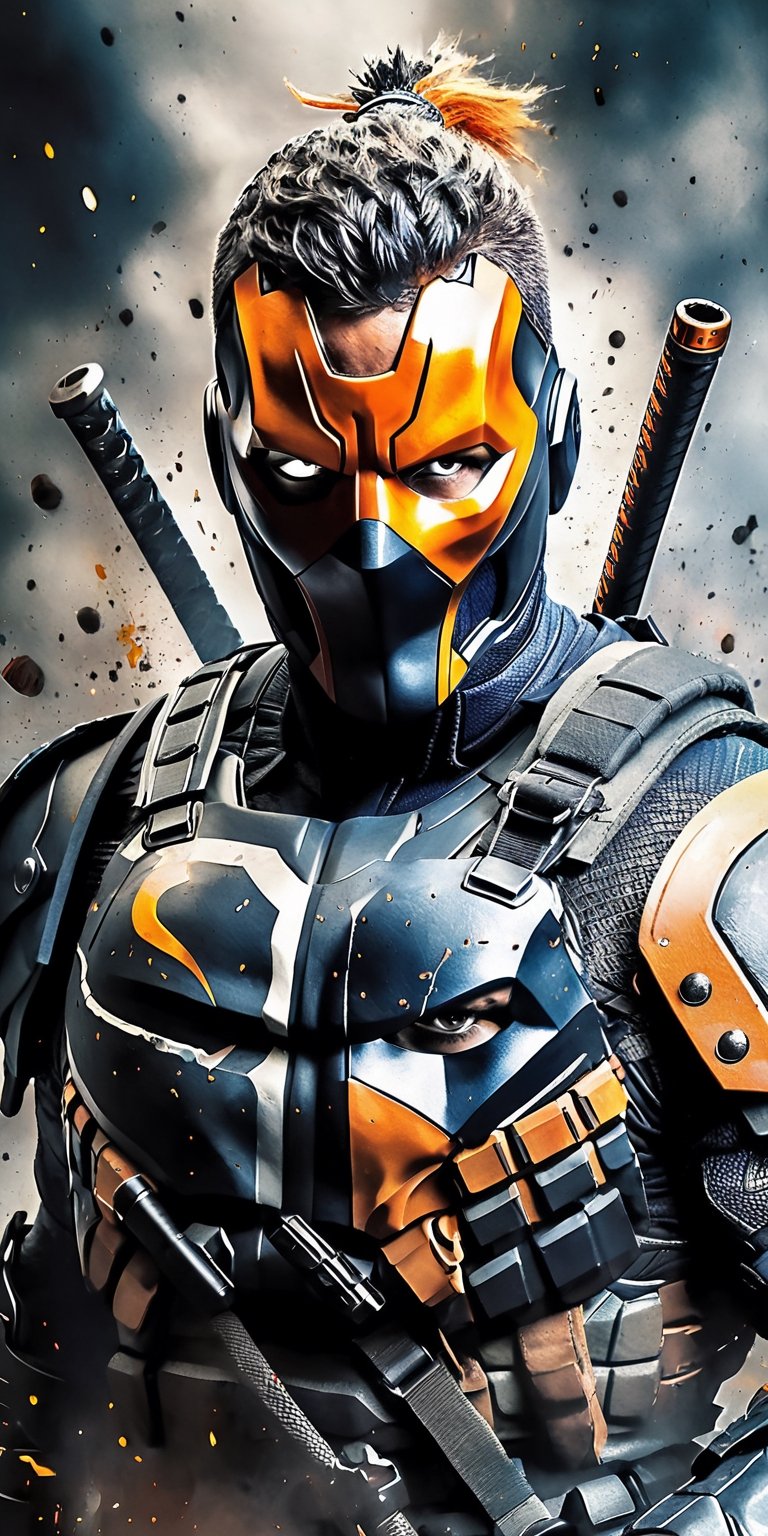  A brutal 16k poster with of "Deathstroke", extremely detailed eyes and face, wide angle portrait, painted with vibrant oils,monster
