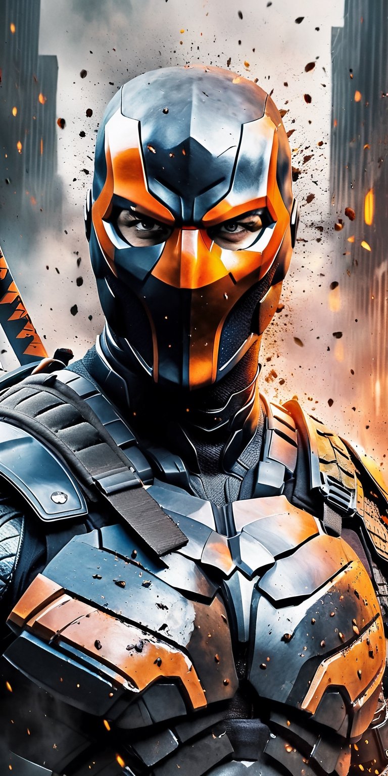  A brutal 16k poster with of "Deathstroke", extremely detailed eyes and face, wide angle portrait, painted with vibrant oils,monster