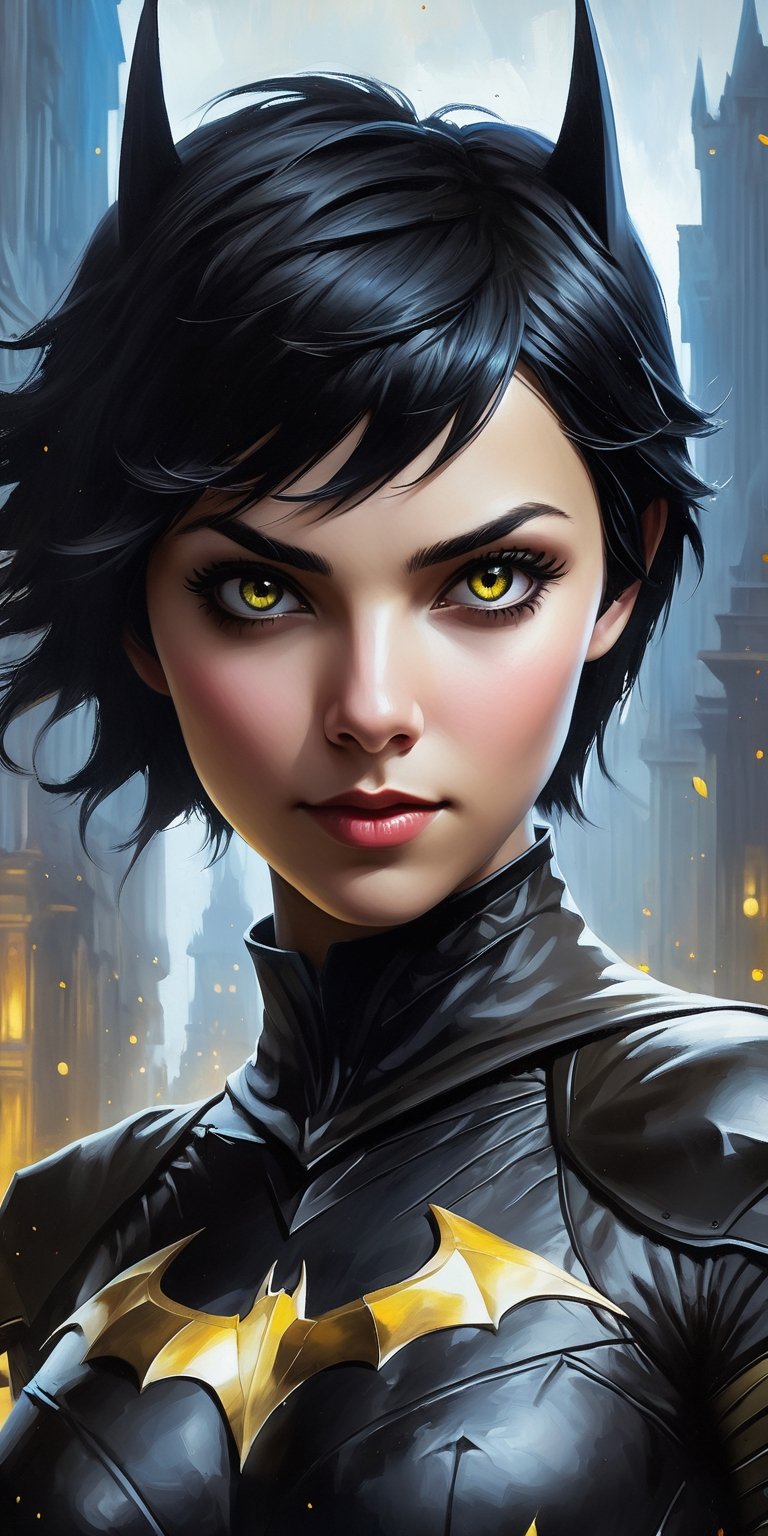  A sexy 16k poster with of "Cassandra Cain", extremely detailed eyes and face, wide angle portrait, painted with vibrant oils,monster