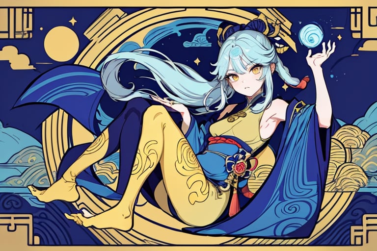 masterpiece, best quality, 1girl, flowers, flat color, lineart, full body, (abstract), ornate, japanese decorations, (((gold and blue theme))), rond shape border, Ningguang face, ningguangdef,ningguang(genshin impact)