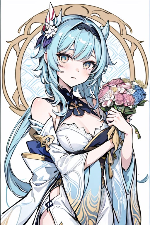 masterpiece, best quality, 1girl, flowers, flat color, lineart, abstract, ornate, ((gold and blue theme)), rond shape border, Eula Genshin, pale pink_hair,