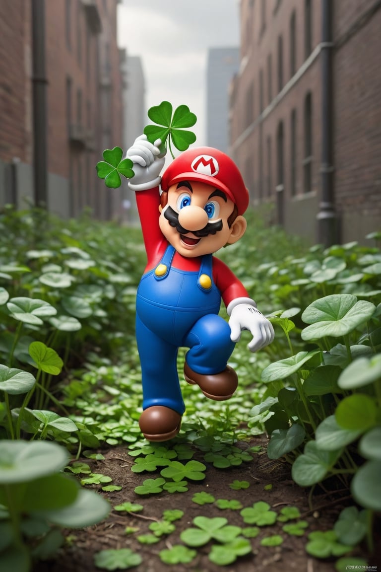 A super mario is picking up a (shamrock), 
photorealistic:1.3, best quality, masterpiece,MikieHara