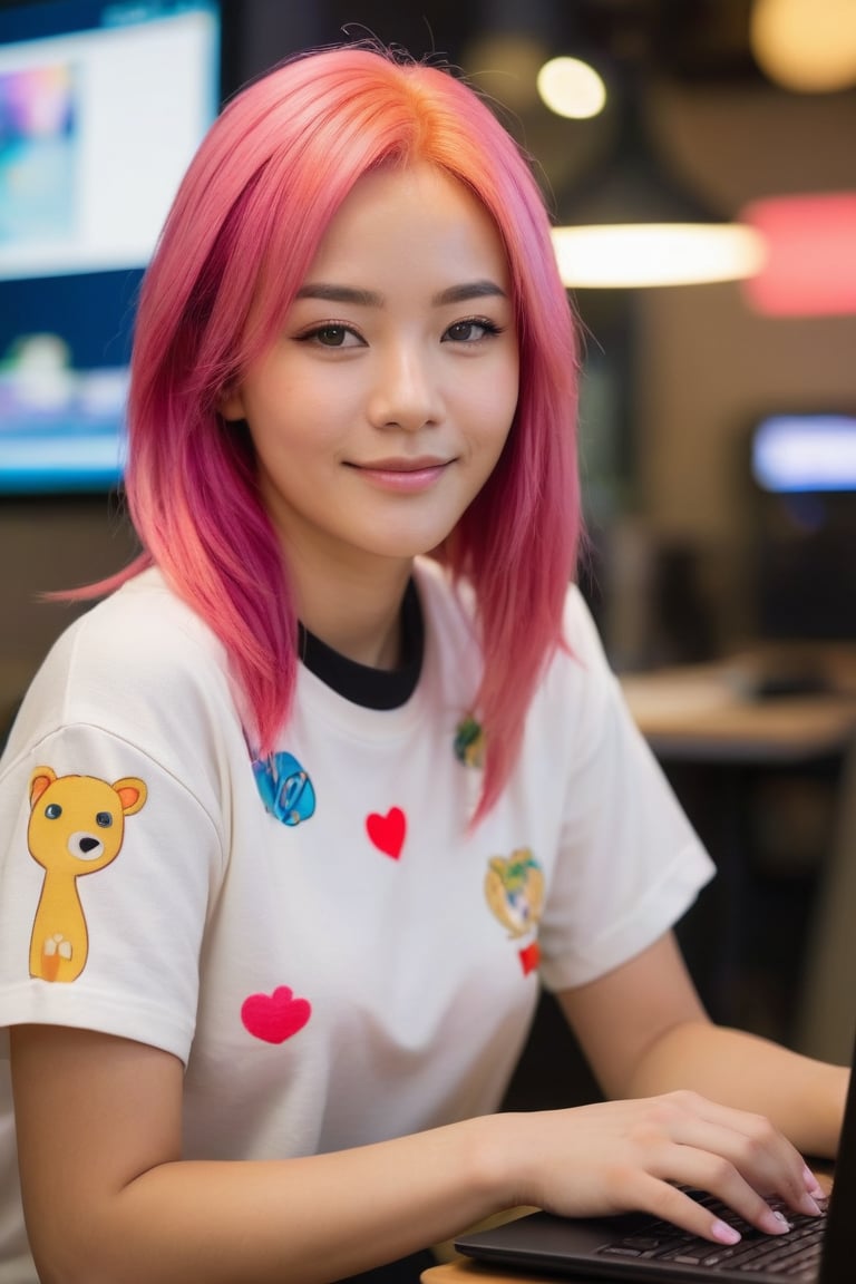 A close-up shot of a pretty girl with bright pink hair and a warm smile sits in front of a sleek laptop, her fingers deftly navigating the mousepad as she crafts AI-generated graphics on a vibrant digital canvas. Soft, golden light illuminates her features, highlighting the excitement in her eyes as she brings her creative vision to life.
,photorealistic:1.3, best quality, masterpiece,MikieHara,MagMix Girl