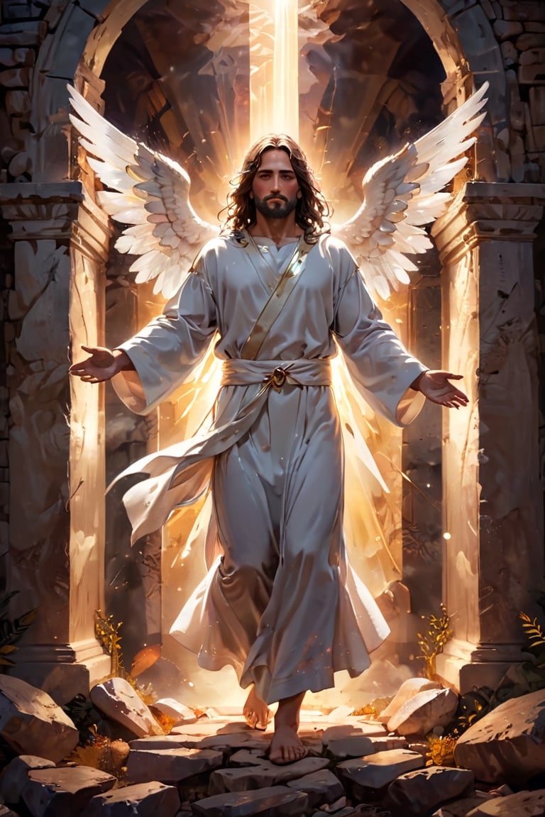 Jesus rising from the tomb, (illustration:1.2), (ethereal:1.1), (masterpiece:1.3), rays of divine light emanating from his radiant form, face serene and beatific, clothed in pure white robes, angle wings unfurled, sacred wound on his palm, the stone tomb burst open, Roman guards cowering in fear and awe, warm sunrise light, highly detailed, intricate textures, vibrant colors, cinematic composition