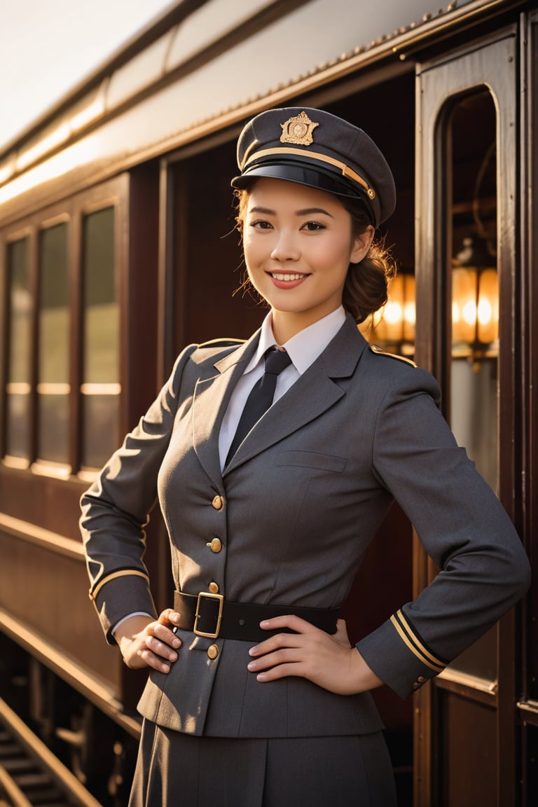 Shot of a young woman in her early twenties, dressed in a fitted train conductor uniform, showcasing her curves and confidence. She stands at the front of a vintage-style train car, one hand holding a lantern, the other on her hip. The soft glow of evening sunlight casts a warm ambiance, highlighting her bright smile and sparkling eyes. The composition is framed to emphasize her physique, with the train's wooden paneling serving as a subtle backdrop.
,photorealistic:1.3, best quality, masterpiece,MikieHara,