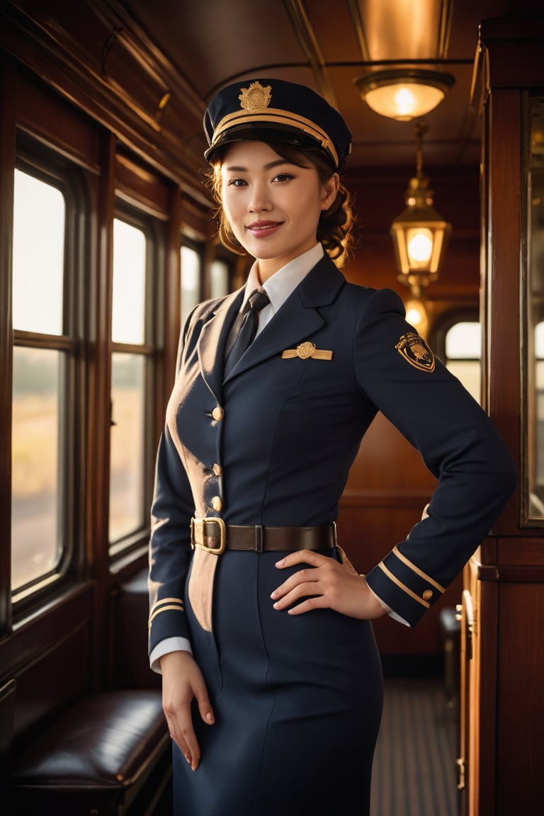 Shot of a young woman in her early twenties, dressed in a fitted train conductor uniform, showcasing her curves and confidence. She stands at the front of a vintage-style train car, one hand holding a lantern, the other on her hip. The soft glow of evening sunlight casts a warm ambiance, highlighting her bright smile and sparkling eyes. The composition is framed to emphasize her physique, with the train's wooden paneling serving as a subtle backdrop.
,photorealistic:1.3, best quality, masterpiece,MikieHara,