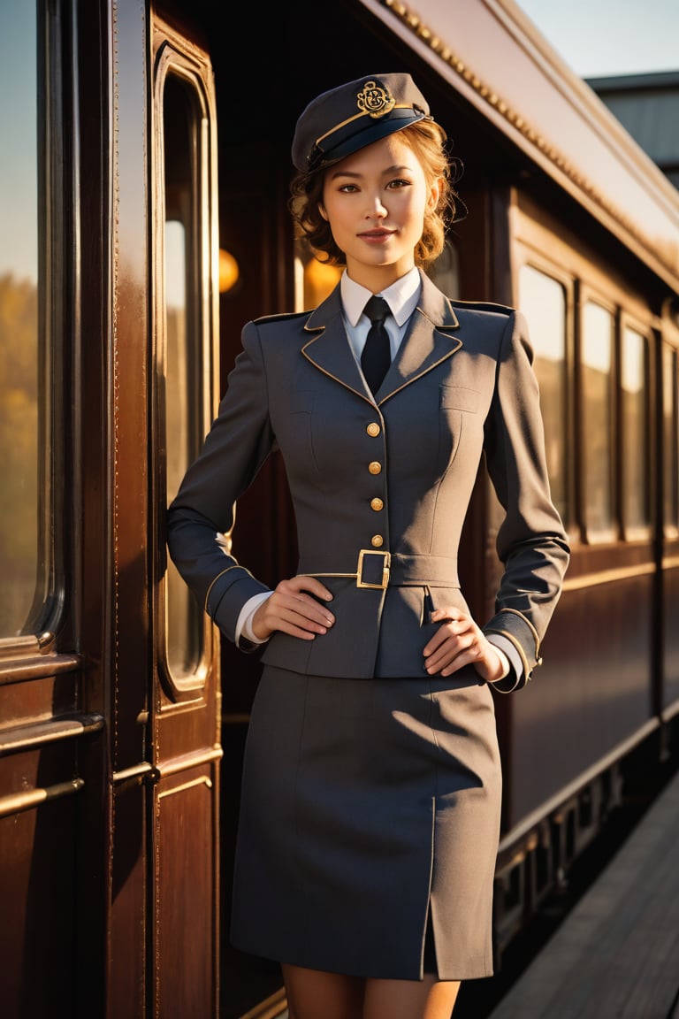 Shot of a young woman in her early twenties, dressed in a fitted train conductor uniform, showcasing her curves and confidence. She stands at the front of a vintage-style train car, one hand holding a lantern, the other on her hip. The soft glow of evening sunlight casts a warm ambiance, highlighting her bright smile and sparkling eyes. The composition is framed to emphasize her physique, with the train's wooden paneling serving as a subtle backdrop.
,photorealistic:1.3, best quality, masterpiece,MikieHara,