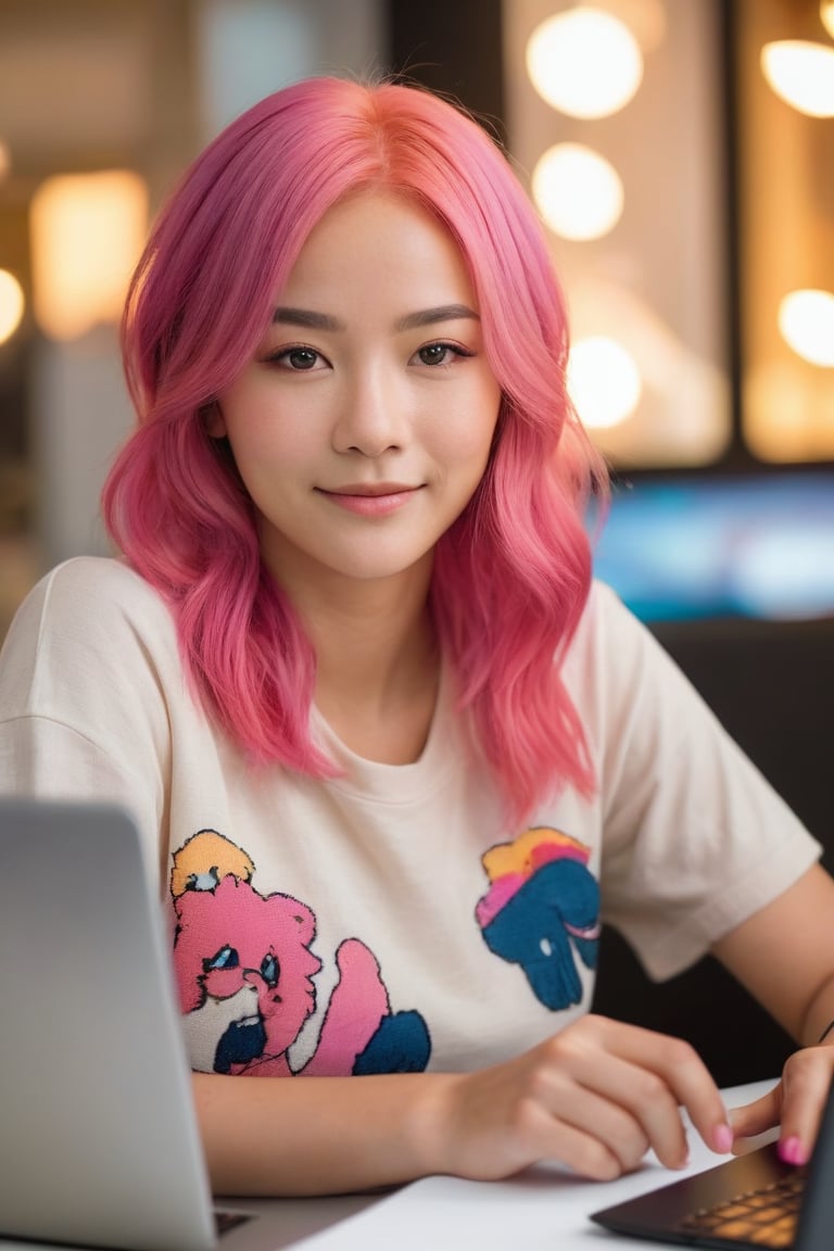 A close-up shot of a pretty girl with bright pink hair and a warm smile sits in front of a sleek laptop, her fingers deftly navigating the mousepad as she crafts AI-generated graphics on a vibrant digital canvas. Soft, golden light illuminates her features, highlighting the excitement in her eyes as she brings her creative vision to life.
,photorealistic:1.3, best quality, masterpiece,MikieHara,MagMix Girl