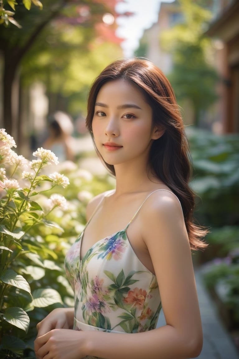A serene afternoon scene unfolds: a lovely young woman, radiant with a gentle smile, strolls leisurely through a lush and vibrant garden city. Sunlight filters through the verdant foliage, casting dappled shadows on her porcelain skin. The soft focus highlights the delicate petals of nearby flowers, while the cityscape's modern architecture provides a picturesque backdrop to her stroll.,photorealistic:1.3, best quality, masterpiece,MikieHara,MagMix Girl