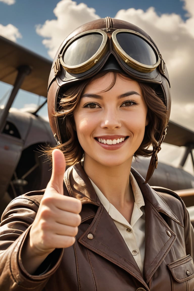 A vintage aviatrix from the early 20th century, radiant with charm and beauty, dons a leather flying helmet as she gives a ((thumbs-up)) to the camera lens, her expression confident and daring, against a backdrop of clouds or a hangar's wooden beams, sunlight casting warm highlights on her face and shoulders.
,photorealistic:1.3, best quality, masterpiece,MikieHara,