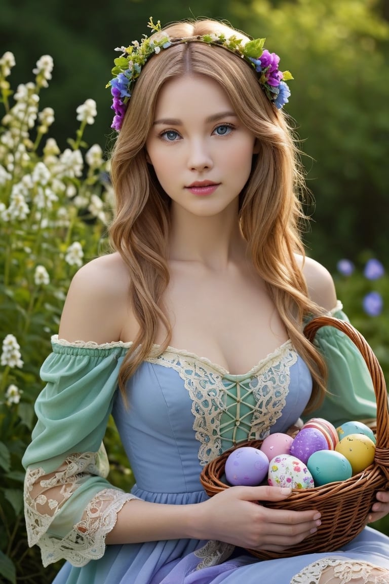 Ethereal spring maiden, angelic beauty, porcelain skin, large (eye_color:blue,green,violet) eyes, lush (hair_color:blonde,strawberry,chestnut) tresses entwined with wildflowers, wearing floral lace (dress:sundress,gown), cradling basket of Easter eggs and baby rabbits, butterfly perched on shoulder, blooming garden surroundings, vibrant spring colors, soft natural lighting, 4k, extremely detailed facial features
,photorealistic:1.3, best quality, masterpiece,MikieHara,photo_b00ster